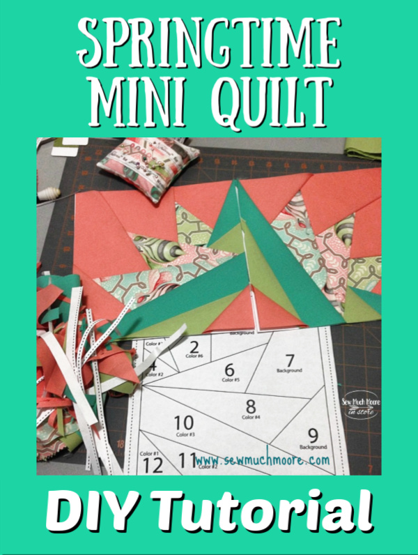 Make this lovely Springtime Mini Quilt! Get the pattern and materials list and get started! #Tutorial #Free #Pattern #Printables #Quilts #Pillows #Easy #Templates #Star #ForBeginners #Beginner #Art #Design #ArtDesign #Block #Hip #Trendy #SewMuchMoore #SewMuchMooreInStore