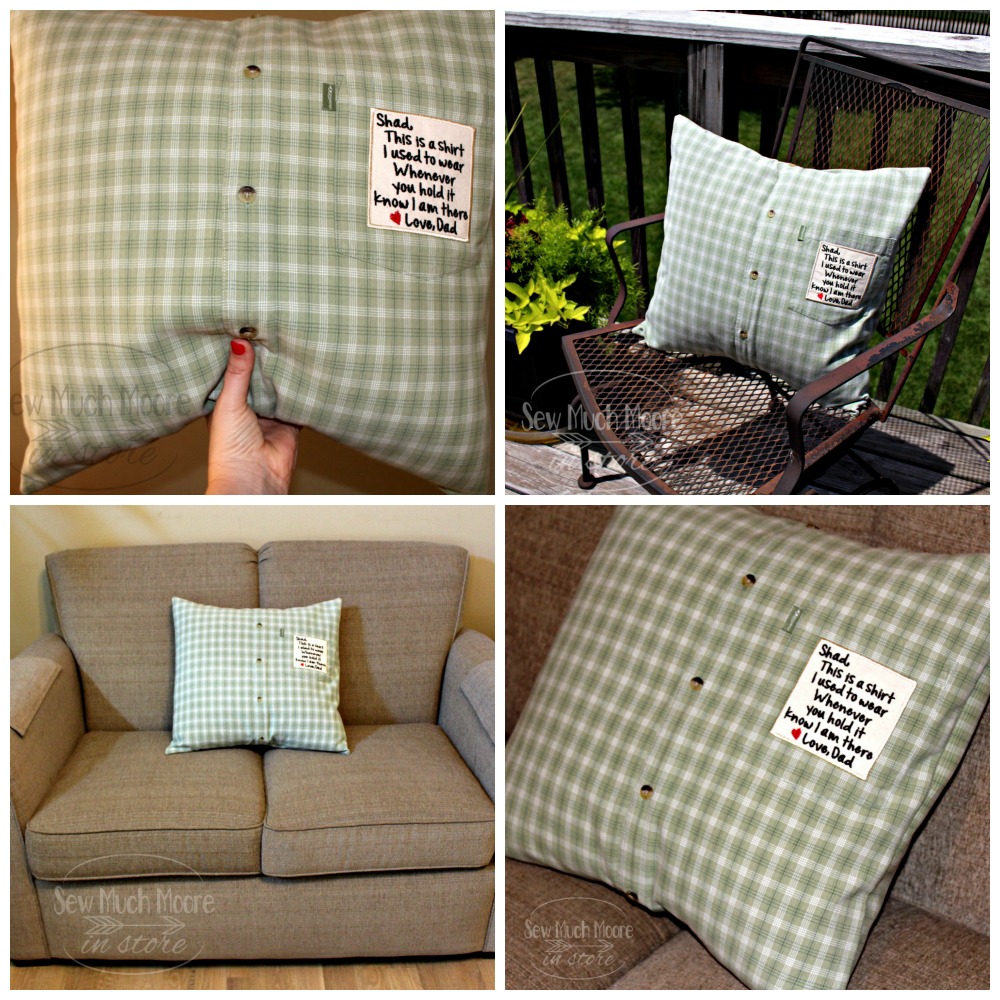 Let me show you how to make a Memory Pillow from a Men's Shirt! Follow these step by step instructions and turn that shirt into a Cherished Gift! #MemoryPillow #ShirtPillow #CustomPatch #EmbroideryPatch #Gift #Sewing #DIY LearnToMake #Easy #Project #SewMuchMoore #SewMuchMooreInStore