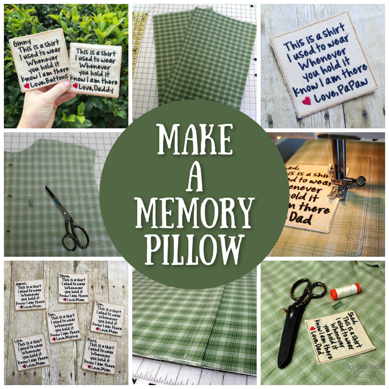 Let me show you how to make a Memory Pillow from a Men's Shirt! Follow these step by step instructions and turn that shirt into a Cherished Gift! #MemoryPillow #ShirtPillow #CustomPatch #EmbroideryPatch #Gift #Sewing #DIY LearnToMake #Easy #Project #SewMuchMoore #SewMuchMooreInStore