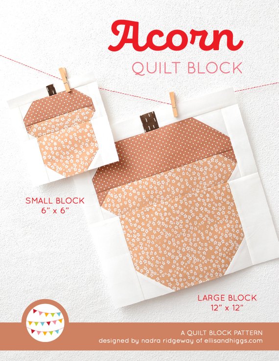 15 Fabulous Patterns for Fall - Acorn Quilt Block Pattern - Let me share some really great patterns and inspiration with you so you can start creating! Check out these 15 fabulous patterns for fall! #simple #TableRunners #AutumnLeaves #JellyRolls #WallHangings #FallQuiltBlocks #Quilting #ColorCombos #Fabric #PaperPiecing #Fun #Easy #Quick #pattern