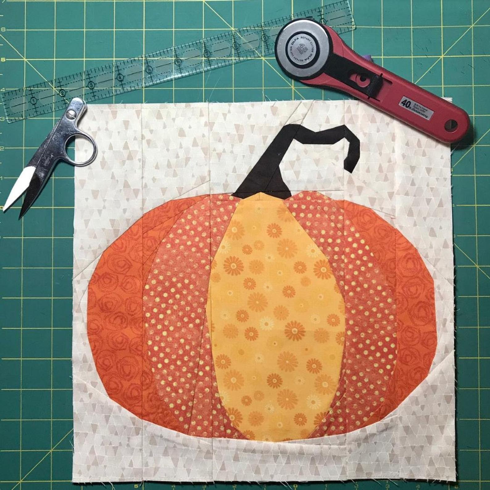 This is a cute pumpkin paper pieced quilt pattern. This block comes together in 10 sections, and finishes to either 12x12 or 20x20 inches. Patterns By Shaley