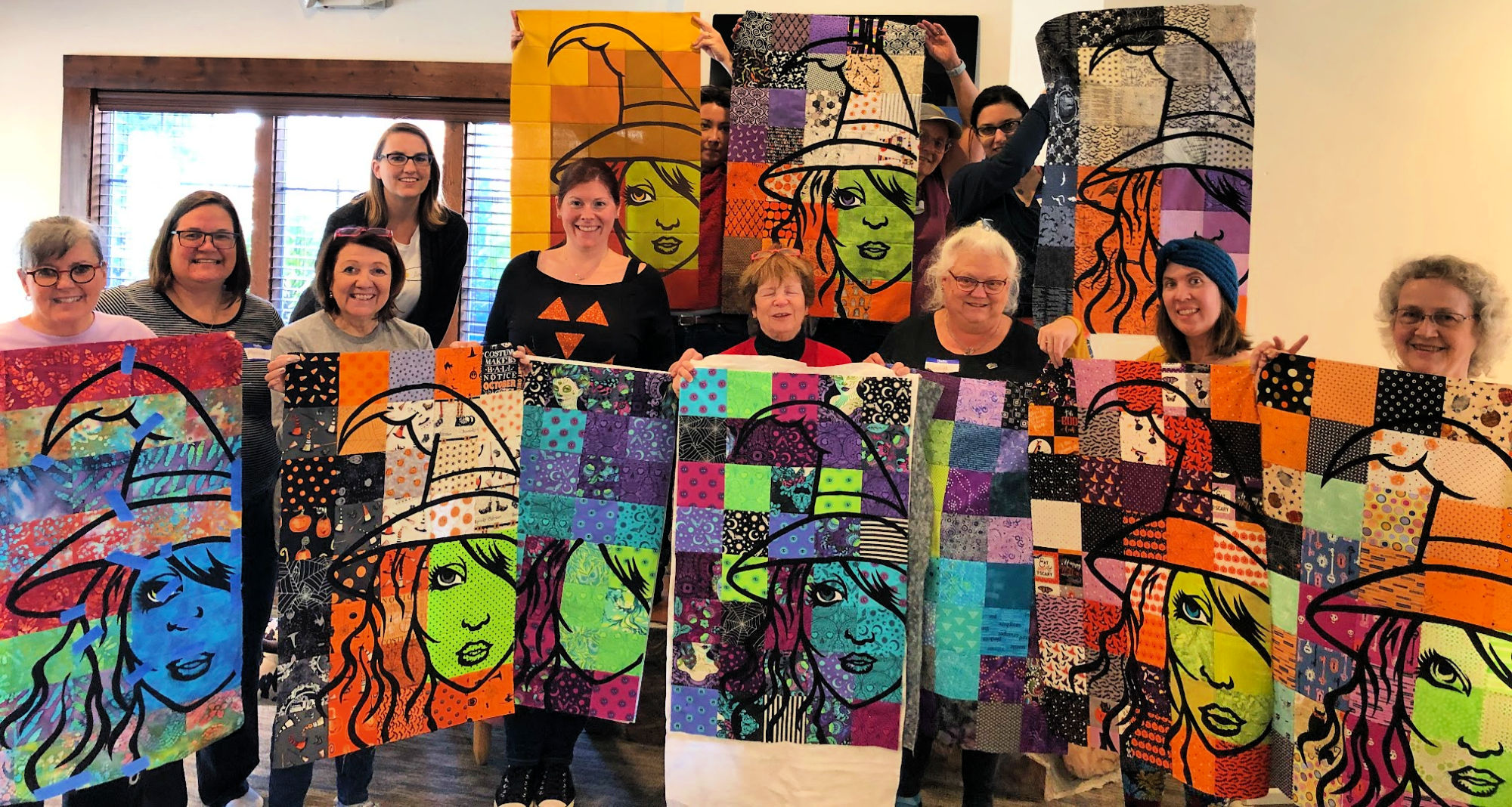 The entire class enjoyed the workshop! These are made from FABRIC!! Let me show some of the details and also some inspiration so you might want to make a Bella Strega Wall Quilt too! #Easy #Patterns #Tutorial #Modern #project #Fabric #Patchwork #DIY #Sampler #Ideas #Basic #Quilt #WallHanging #Quilting #Quilter #SewMuchMoore #SewMuchMooreInStore 