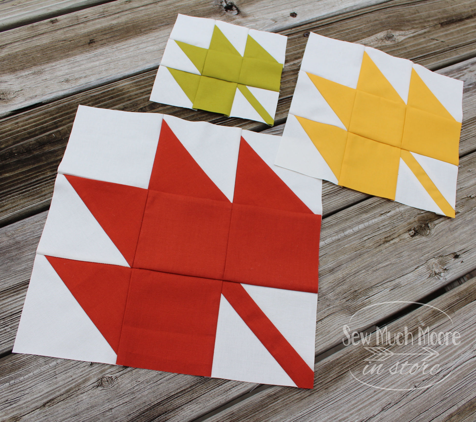 This nine-patch quilt block is super easy and looks really great! There are many ways to make a Maple Leaf Quilt Block. Let me show you how I made this version. Watch my video tutorial and get your free pattern to make a variety of sizes! #MapleLeaf #FallQuilt #FreePattern #VideoTutorial #Quilt #SewMuchMooreInStore #SewMuchMoore