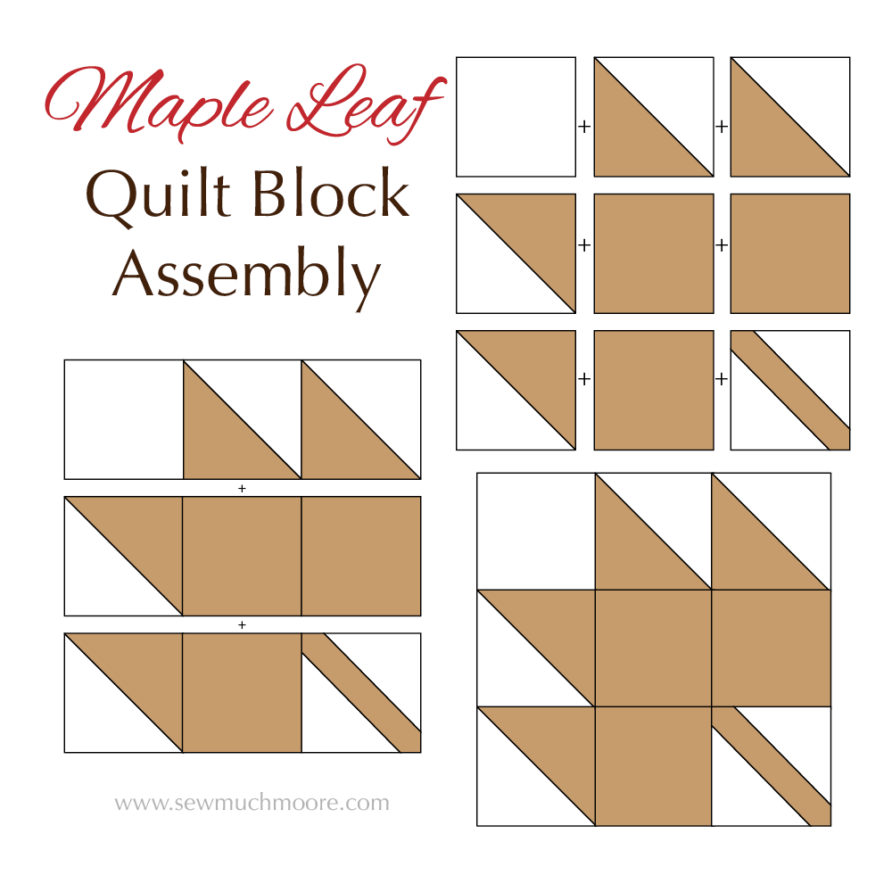 This nine-patch quilt block is super easy and looks really great! There are many ways to make a Maple Leaf Quilt Block. Let me show you how I made this version. Watch my video tutorial and get your free pattern to make a variety of sizes! #MapleLeaf #FallQuilt #FreePattern #VideoTutorial #Quilt #SewMuchMooreInStore #SewMuchMoore